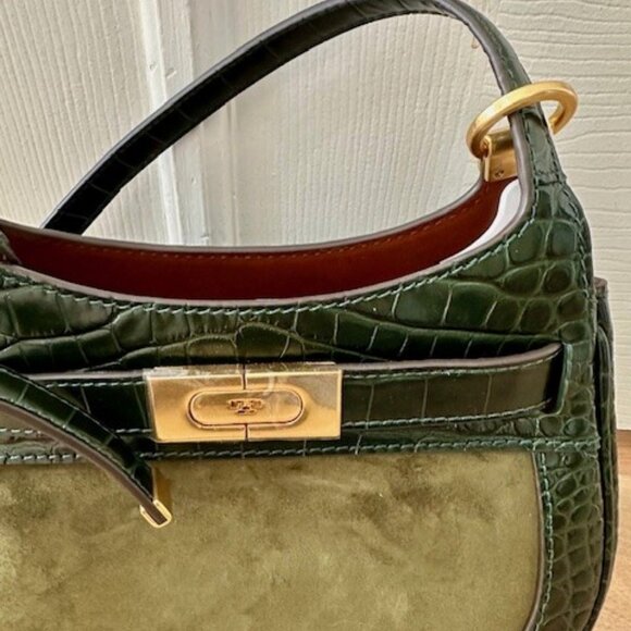 GIFT NEW TORY BURCH LEE RADZIWILL KELP GREEN CROSSBODY CROC LEATHER SUEDE $658 - Picture 12 of 16